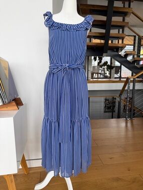 Michael Kors Blue and White Striped Ruffle-Neck Maxi Dress with Tie Waist